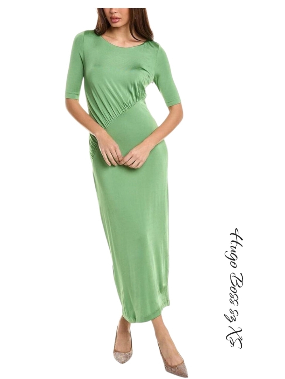 NWT Hugo Boss Etalicy Green Midi Dress Ruched XS - Picture 3 of 10